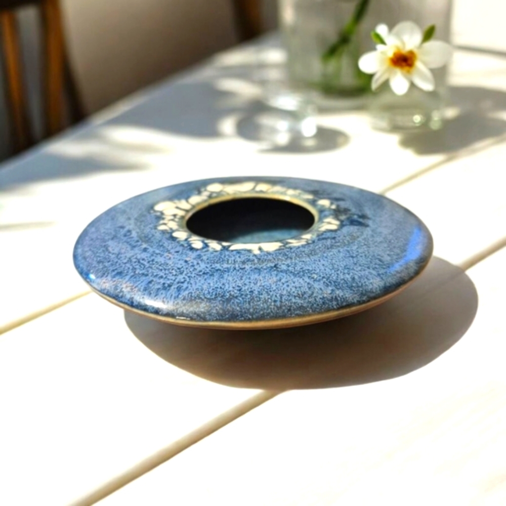 Elegant Vintage Hand-made Flat Blue Ceramic Vase
